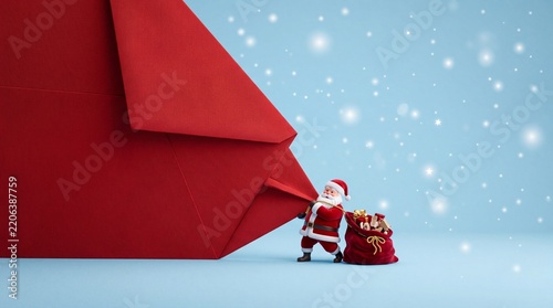 Miniature Santa Claus Figurine Pulling a Giant Red Envelope and a Sack Full of Christmas Gifts against a Light Blue Snowy Background, Representing a Bulk Delivery of Holiday Greetings and Letters