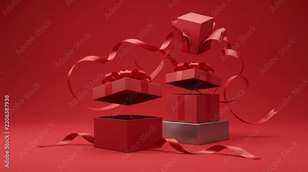 Obraz premium Elegant Floating Red Gift Boxes with Dynamic Swirling Ribbons on Red Background, Minimalist Concept for Christmas, Valentine's Day, New Year, or Anniversary Celebration and Surprise Rewards.