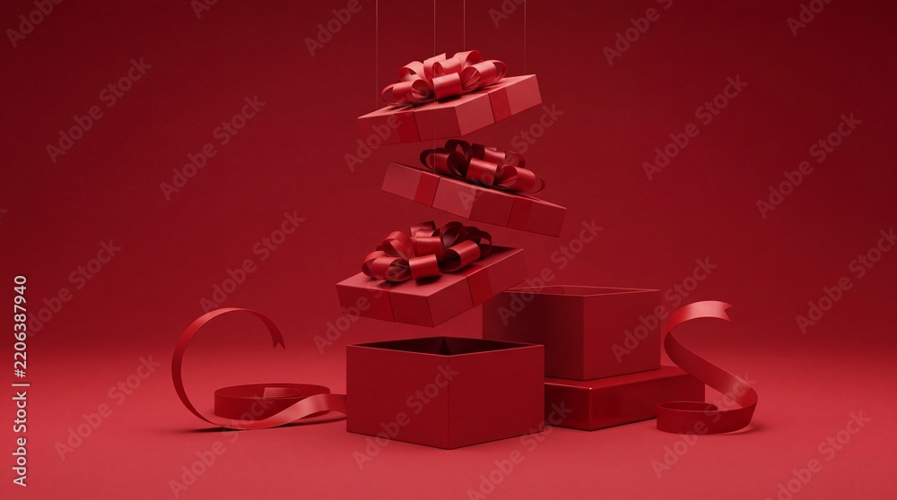 Obraz premium Elegant Red Gift Boxes with Ribbons and Bows Floating and Stacked on a Monochrome Red Background for Christmas, Valentine's Day, and Special Occasions Surprise Celebration Concept