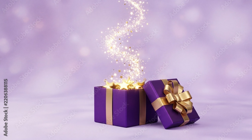 Obraz premium Magical Purple Gift Box Opened with Glowing Golden Stars and Sparkling Stardust Rising Against a Soft Dreamy Bokeh Background, Luxury Surprise Celebration and Holiday Concept 3D Illustration