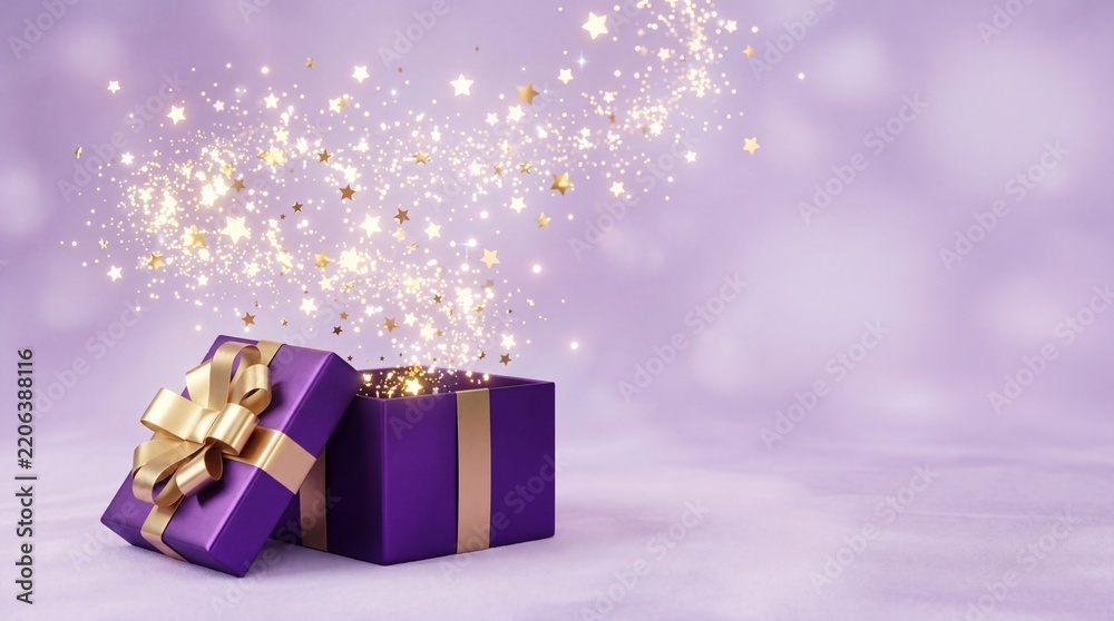 Obraz premium Magical Purple Gift Box Opening with Exploding Golden Stars and Glitter Trail on Soft Lavender Background, Concept for Celebration, Birthday, Christmas Surprise, and Holiday Wonder