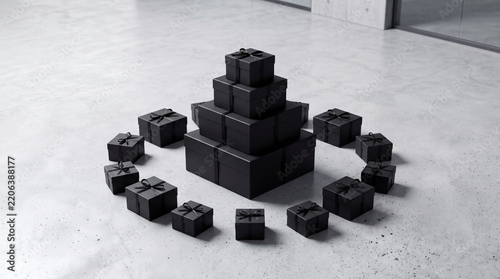 Obraz premium Elegant stack of premium black luxury gift boxes with ribbons arranged in a pyramid shape surrounded by a circle of smaller boxes on a minimalist concrete floor for holiday or Black Friday sales