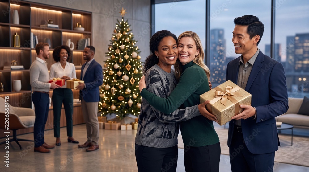 Obraz premium Happy diverse professional colleagues celebrating a Christmas office party in a modern corporate lounge with a decorated tree, exchanging gifts and hugging during a festive holiday event.