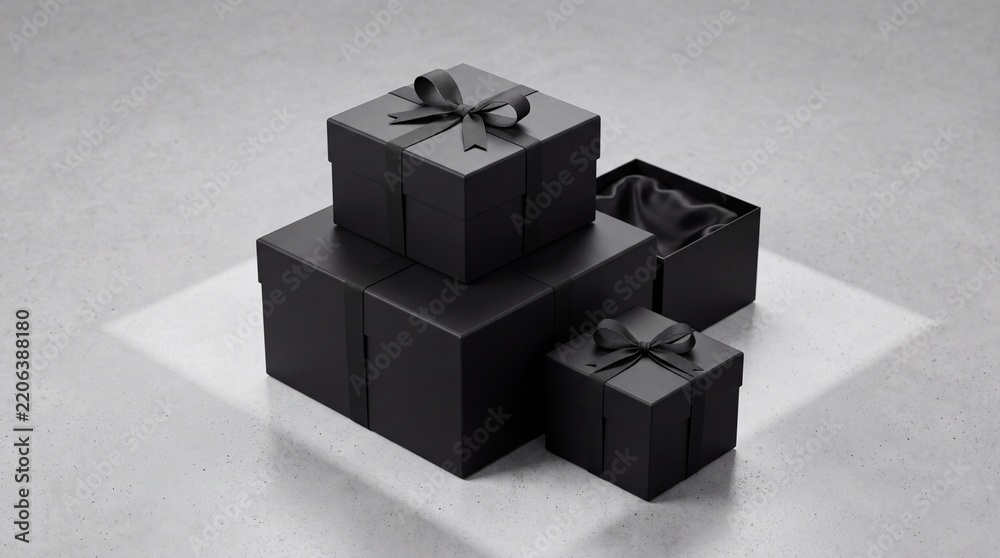 Obraz premium Collection of Luxury Matte Black Gift Boxes with Ribbons Arranged on Concrete Surface with Atmospheric Spotlight and One Open Box Revealing Silk Lining for Premium Brand Presentation