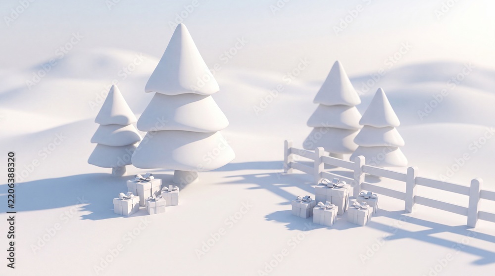 Obraz premium Minimalist 3D render of a white winter landscape featuring stylized pine trees, gift boxes, and a rustic wooden fence on soft snow-covered hills for Christmas and New Year festive celebrations.