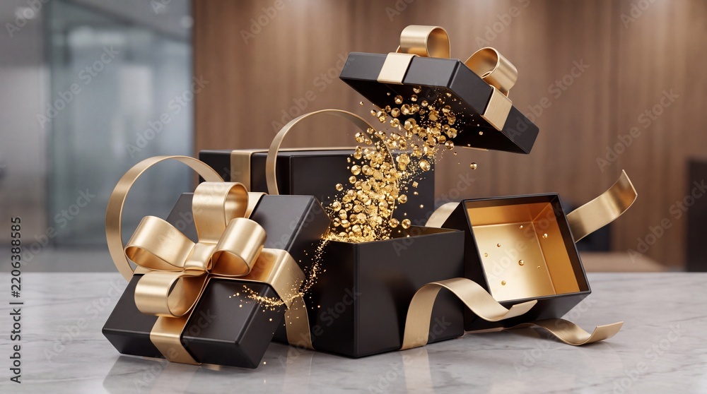 Obraz premium Luxury Black Gift Boxes with Elegant Gold Ribbons on Marble Surface, One Open Box Releasing Shimmering Golden Glitter Particles for Celebration, Surprise, and VIP Promotional Marketing Concept
