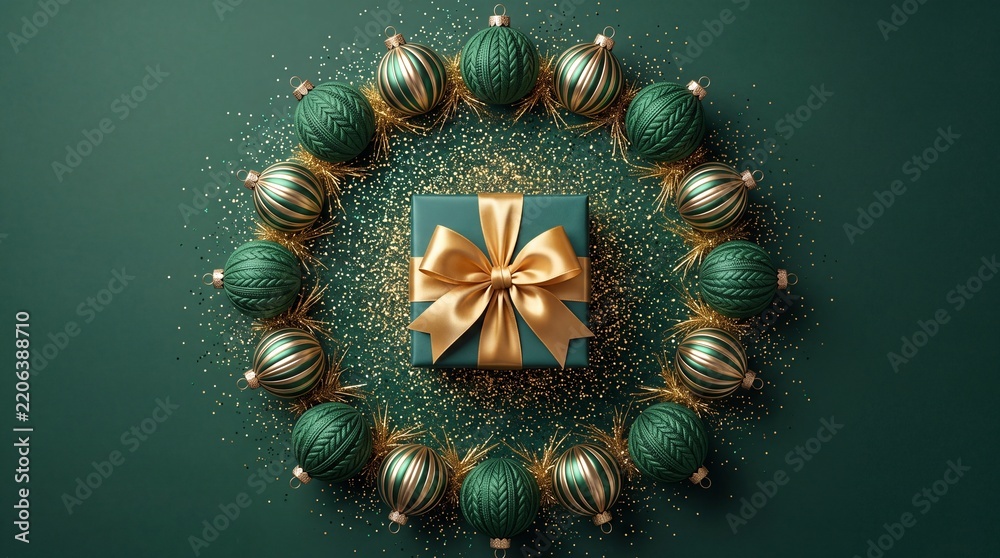 Obraz premium Elegant dark green gift box with a luxury golden ribbon bow centered in a circular wreath of festive Christmas ornaments and gold glitter on a dark green background, holiday flat lay concept.