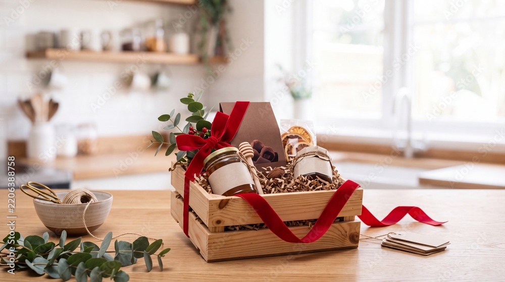 Obraz premium Beautifully Curated Gourmet Gift Hamper in a Wooden Crate on a Kitchen Counter featuring Organic Honey, Artisan Jam, Dried Fruit, and Eucalyptus with a Festive Red Ribbon for Holiday Gifting