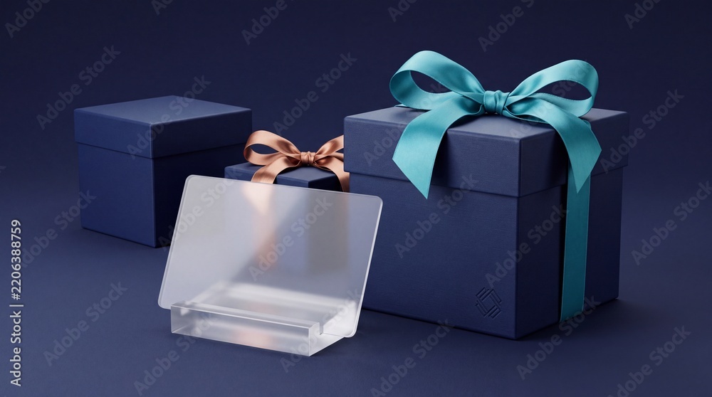 Obraz premium Premium banking rewards concept featuring elegant navy blue gift boxes with ribbons and a blank translucent payment card mockup on a stand against a dark blue background for financial services.