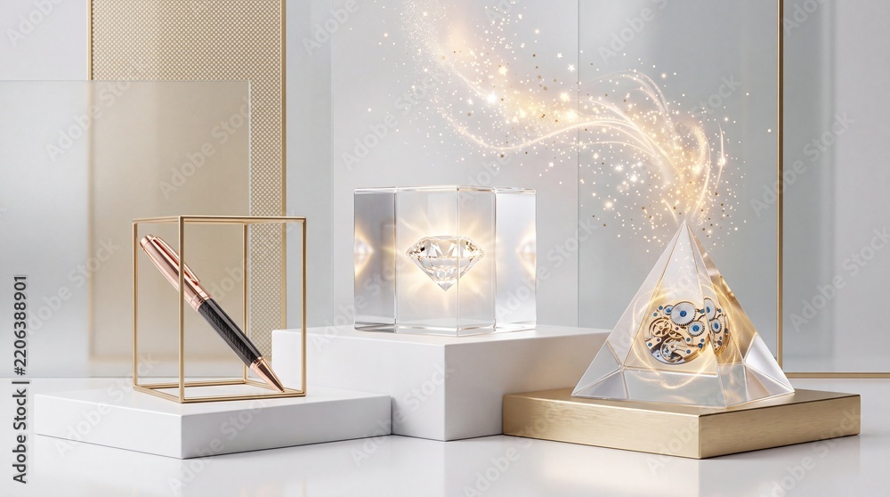Obraz premium Elegant Still Life Concept Featuring a Radiant Diamond in a Crystal Cube, Intricate Watch Gears in a Glass Pyramid, and a Luxury Pen Representing Wealth, Precision, and Professional Success