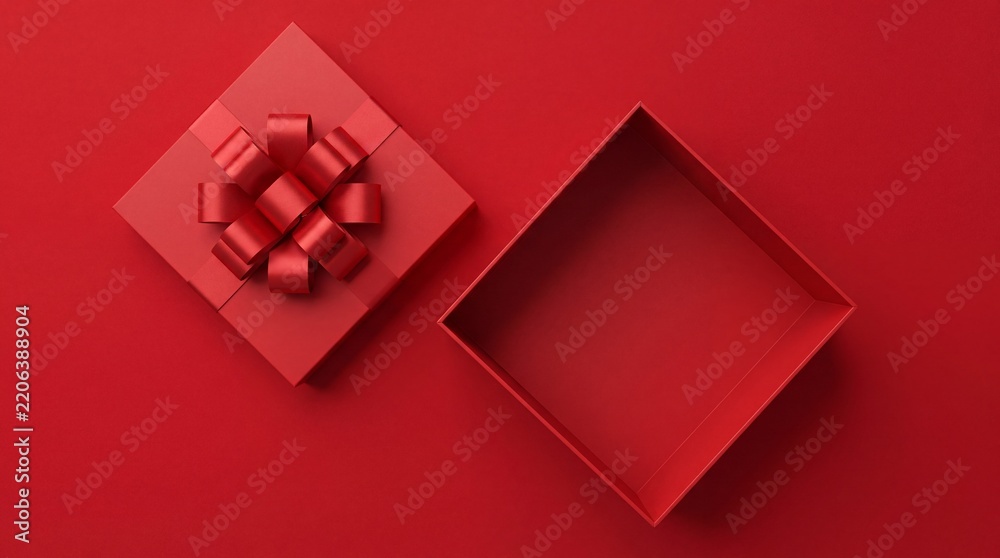 Obraz premium Top View of Open Empty Red Gift Box with Ribbon Bow on Matching Red Background, Minimalist Decorative Present Package for Valentine's Day, Christmas, Birthday, Anniversary, and Celebrations