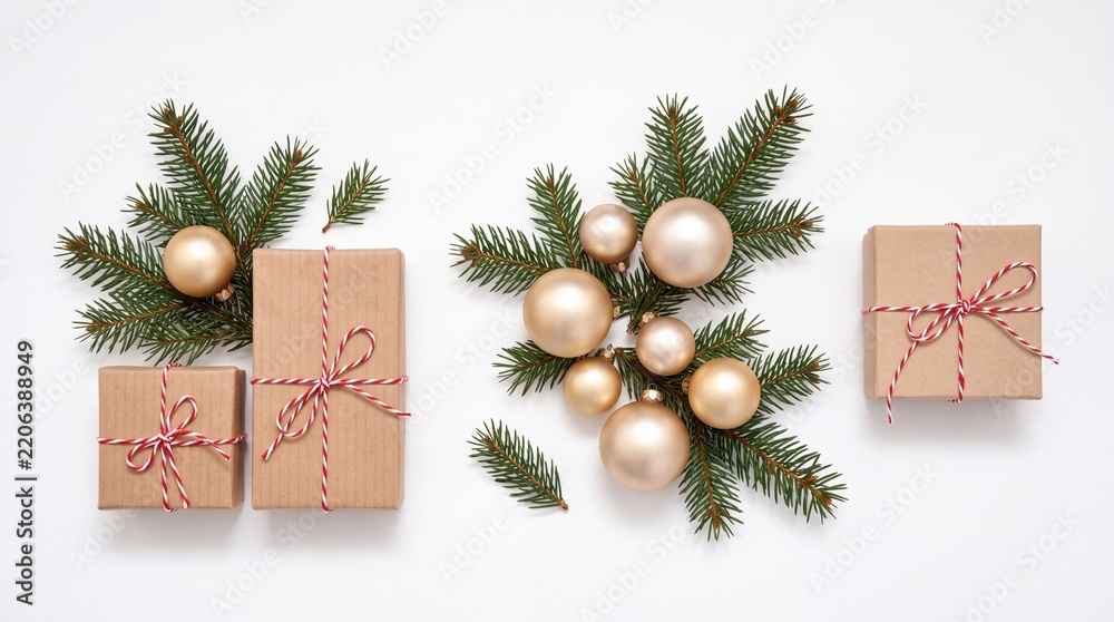 Obraz premium Minimalist Christmas Flat Lay Featuring Craft Paper Gift Boxes Tied with Red Twine Pine Tree Branches and Elegant Golden Baubles Ornaments Isolated on White Background for Holiday Season Decor