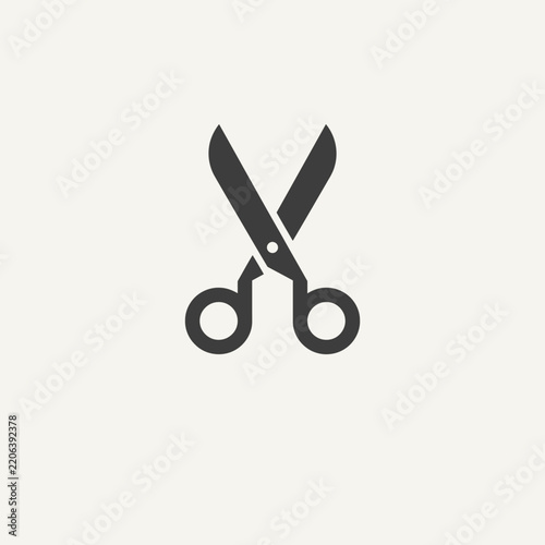 Minimalist black scissors icon for tailoring barber shop hair salon and office supplies isolated on light background for graphic design