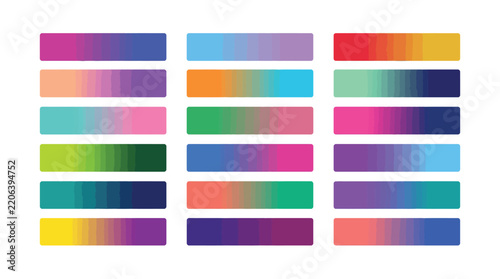 Vibrant multicolored gradient swatches featuring various colorful smooth transitions displayed in horizontal rectangular shapes
