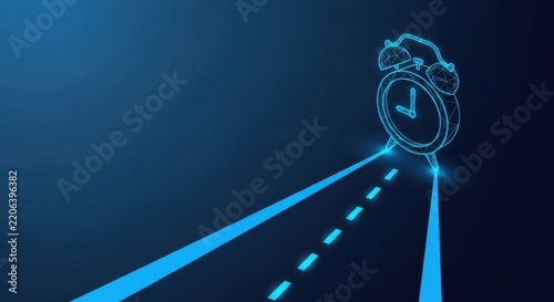 Alarm clock with glowing neon road leading towards the future and progress