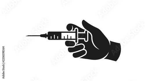 Medical syringe held firmly in human hand silhouette illustration for healthcare and clinical concepts