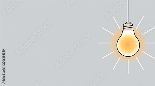 Glowing light bulb illustration with warm rays on a minimalist gray background for creative ideas