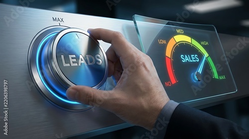 Business hand adjusting metallic leads dial to increase sales performance on a digital gauge display