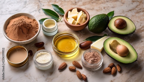 scenic and perfectly framed perspective of natural makeup ingredients beautifully arranged on a polished travertine surface avocado oil jojoba oil shea butter cocoa butter botanical powders