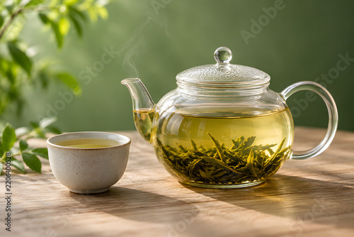Green tea in a clear glass teapot