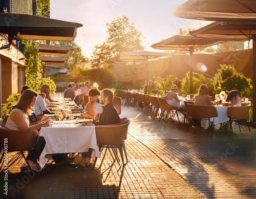 an outdoor restaurant patio bustles with diners enjoying meals and conversation in the warm glowing sunlight of the day