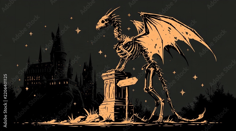 Fototapeta premium Skeletal Dragon with Horns and Bat Wings Beside Stone Pedestal, Gothic Castle Silhouette, Starry Sky, Ink Style Dark Fantasy Art for Halloween Poster and Card