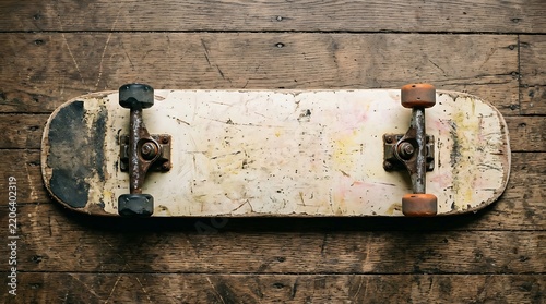 Weathered Skateboard Deck Top View on Rustic Wooden Floor, Vintage Used Skate Board with Scratches and Worn Wheels for Urban Lifestyle and Sports Concept