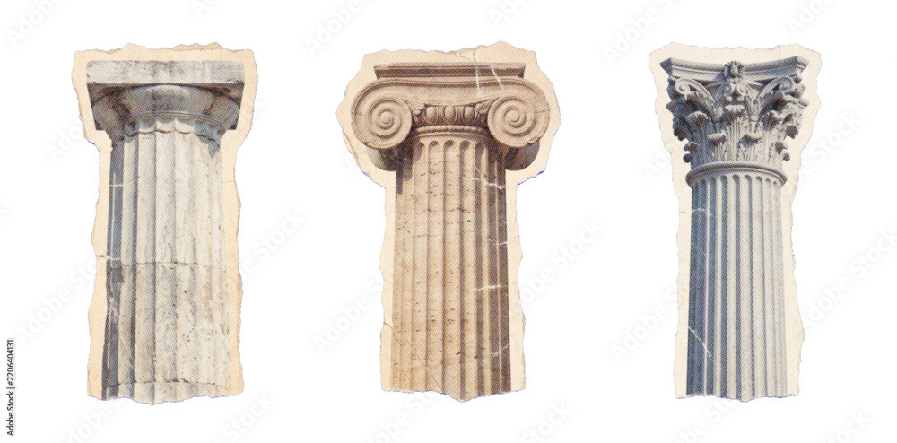 Fototapeta premium Classic architectural columns set featuring Doric, Ionic, and Corinthian vintage style pillars in a retro sticker design concept