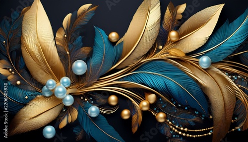 design of gold and blue feathers and branches with light blue leaves together with gold pearls on black background