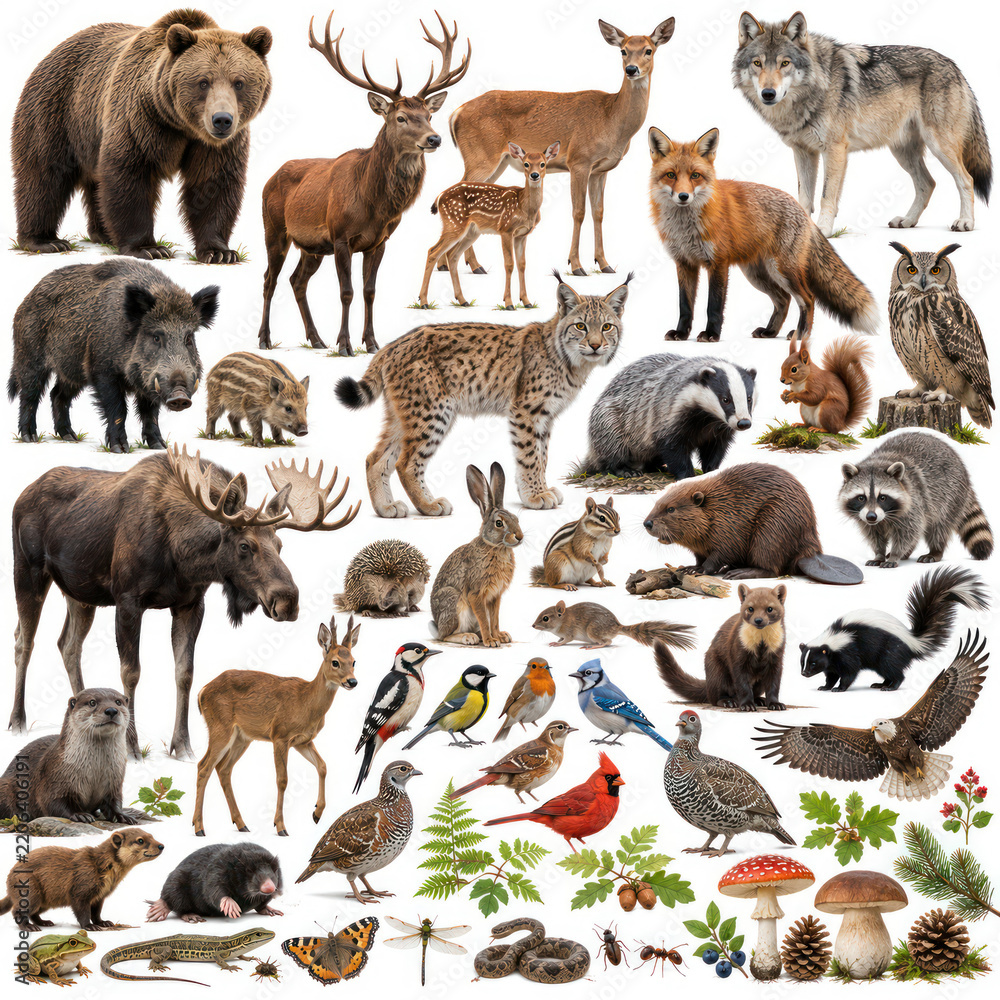 Fototapeta premium Forest Animals and Wildlife Species Collection Isolated on White Background
