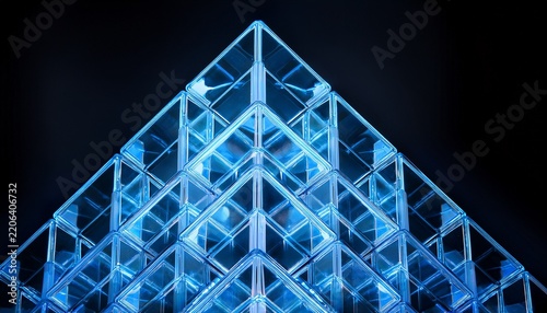 a complex geometric structure made of transparent blue glass cubes arranged in an intricate pattern against a black background