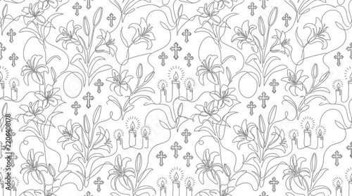 Seamless Religious Pattern with Lilies Crosses and Candles