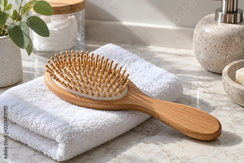 Wooden hairbrush on a white towel
