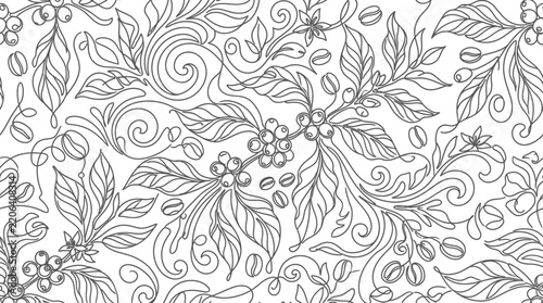 Seamless Pattern of Coffee Branches and Floral Flourishes