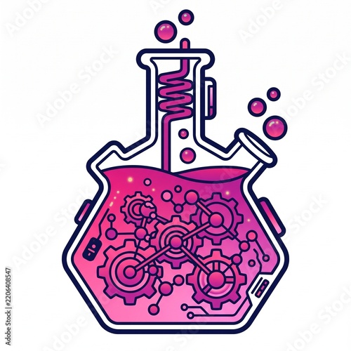 Vibrant pink science flask with bubbling liquid and droplets illustration