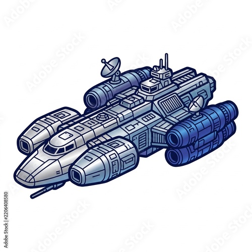 Futuristic sci-fi spaceship illustration with detailed blue metallic design