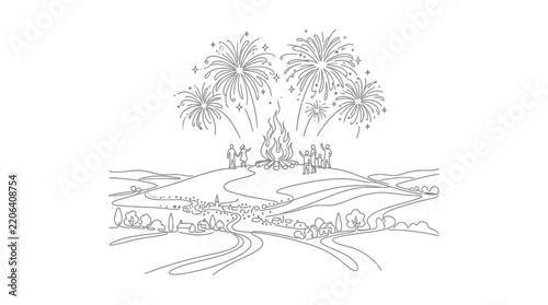 People around a bonfire with fireworks above a rural landscape