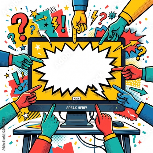 Vibrant illustration of diverse hands typing on laptop with explosion of communication icons