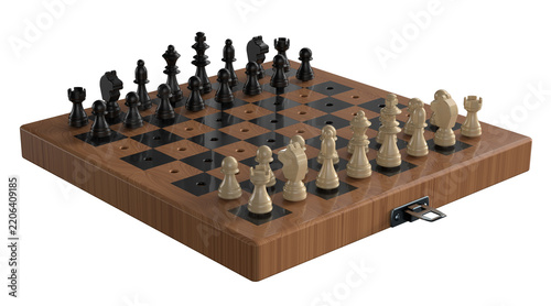 Portable travel chess set with compact board and magnetic pieces, designed for convenience and strategy on the go, durable and lightweight for easy play anywhere. 3D Render.