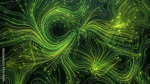 Abstract neon green digital waves and particle lines on dark background