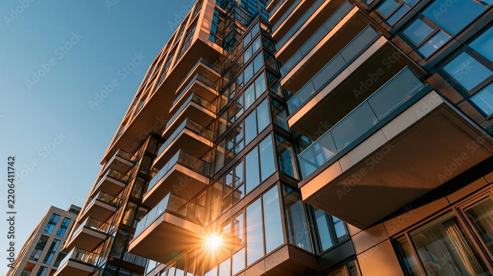 Fototapeta premium Modern high-rise apartment building facade with glass balconies in urban setting under bright sun Generative AI
