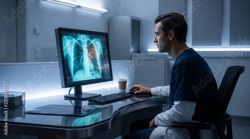 Radiologist examining a chest x-ray for World Lung Cancer Day in a modern medical office