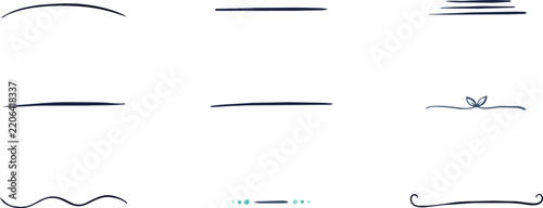 Set of hand drawn dark blue decorative text dividers and underline isolated on a white background, for page formatting