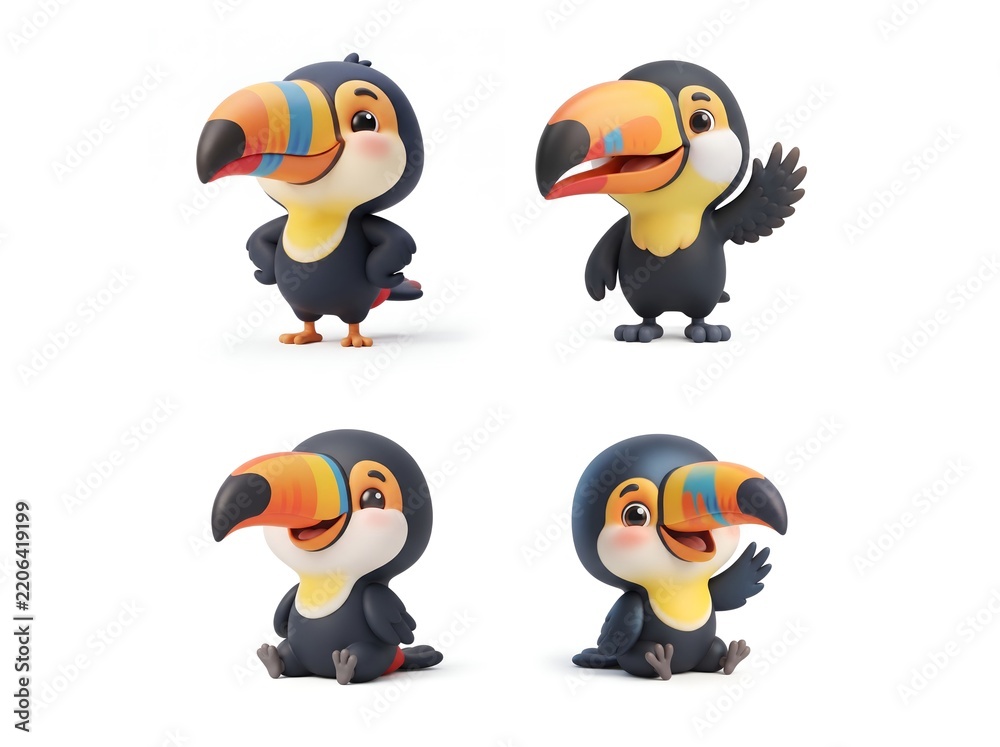 Fototapeta premium Cute 3D Toucan Character in Standing and Sitting Poses Isolated on White Background, Generative AI illustrator