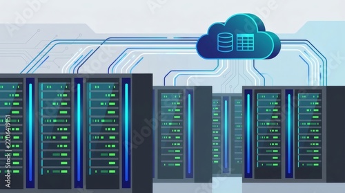 Plakat Cloud computing technology with data center server racks and digital database network