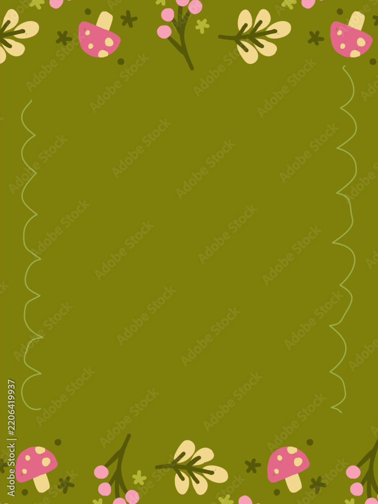 Obraz premium Blank rectangular invitation card template with hand drawn line frame and pink autumn mushroom top bottom borders on olive green 