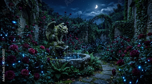 Mystical Garden at Night: A hauntingly beautiful gothic garden under a moonlit sky, featuring a gargoyle fountain, blooming roses, and ethereal blue lights.