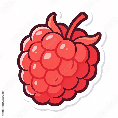 Bold Vector Illustration of a Fresh Red Raspberry Cluster Sticker Isolated on White Background, Minimalist Cartoon Fruit Icon for Organic Food Design and Healthy Lifestyle