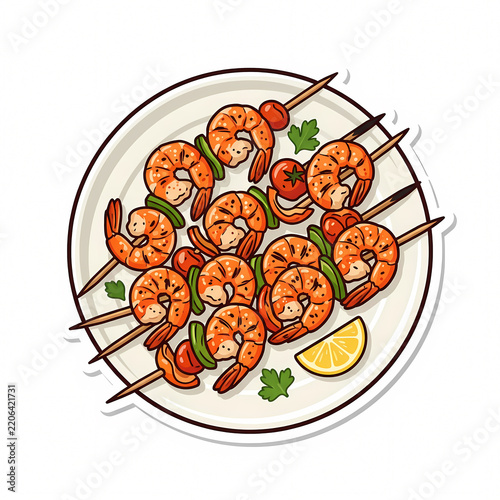 Grilled Shrimp Skewers on a Plate Vector Illustration, Delicious Seafood Prawn Kabobs with Vegetable Garnishes, Lemon Slice, and Parsley, Isolated Cartoon Style Food Icon Graphic.