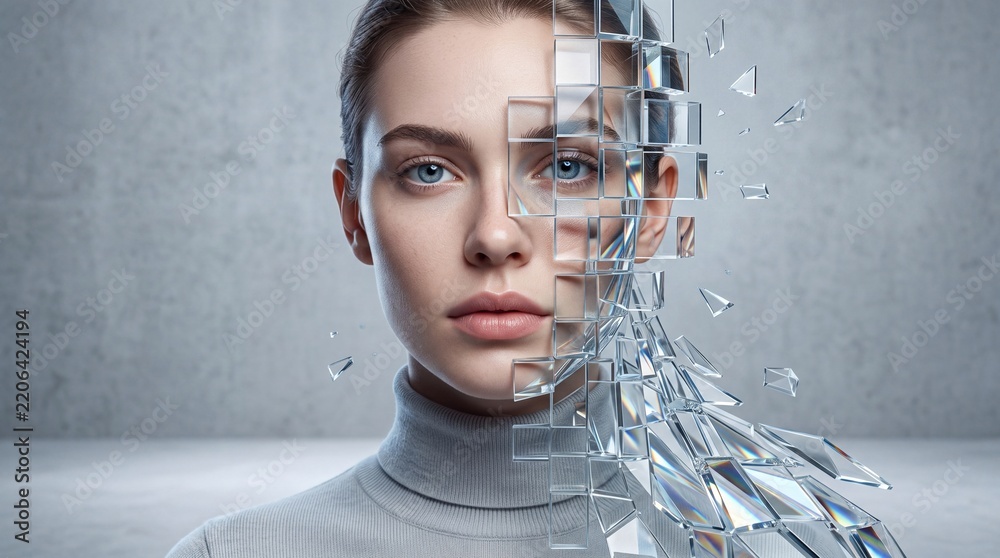 Obraz premium Surreal artistic portrait of a beautiful woman with her face breaking into crystalline glass shards and geometric cubes, representing digital identity, mental health, and fragility.